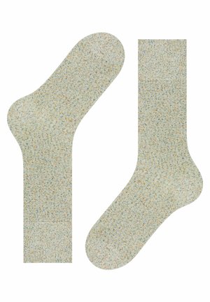 Knee-length socks in a textured, light beige fabric with multicolored flecks. Features a reinforced heel and toe for durability.
