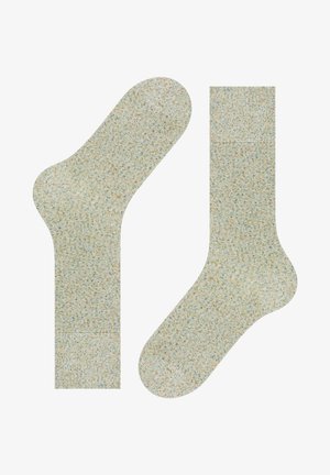 Knielange Socken aus einem strukturierten, hellbeigen Stoff mit mehrfarbigen Sprenkeln. Mit verstärkter Ferse und Zehen für Langlebigkeit.