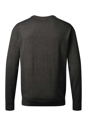 Jersey de punto de color gris oscuro, hecho de tela de punto suave, con escote redondo y mangas largas con puños y dobladillo acanalados.