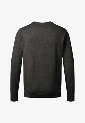 Dunkelgrauer Pullover aus weichem Strickstoff mit rundem Ausschnitt und langen Ärmeln sowie Bündchen an Ärmelenden und Saum.