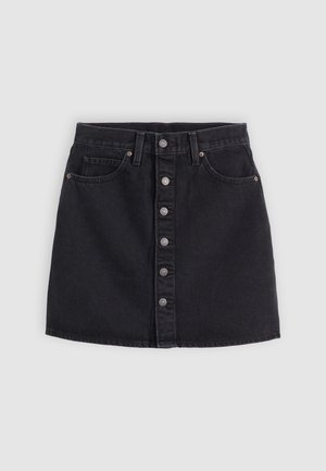 Black denim skirt with a fitted design, front button closure, two side pockets, and metallic accents. Smooth texture and straight hemline.