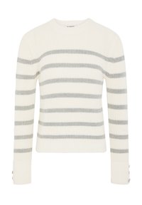 Pull en tricot crème avec des rayures horizontales grises ; il a un col rond, des manches longues et un ourlet côtelé avec des boutons décoratifs aux poignets.
