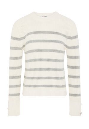 Cream knit sweater with grey horizontal stripes; features a round neckline, long sleeves, and ribbed hem with button accents at cuffs.