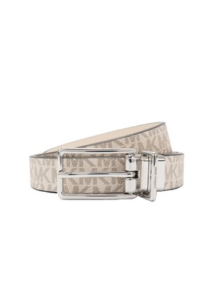 Beige designer belt with repeating MK logo pattern, silver metal buckle, and "Michael Kors" engraved on the clasp.