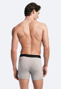 Gray cotton boxer shorts with a black elastic waistband, showing a close-up of the back view and a smooth, fitted design.