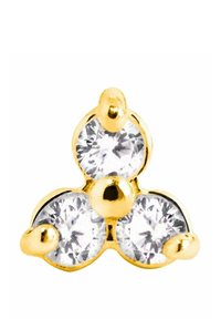Boucle d'oreille dorée ornée de trois cristaux transparents ronds disposés en motif triangulaire, présentant des surfaces lisses et des accents arrondis.