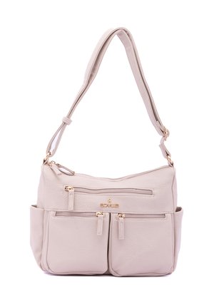 Cremefarbene Umhängetasche aus strukturiertem Leder mit zwei vorderen Reißverschlusstaschen und einem verstellbaren Schulterriemen. Akzente aus goldfarbenem Metall.