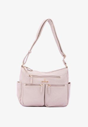 Crèmekleurige crossbodytas van gestructureerd leer, met twee voorvakken met rits en een verstelbare band. Gouden metalen accenten.