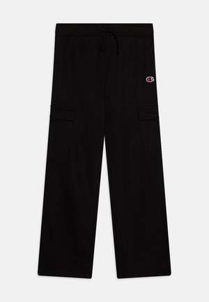 Schwarze Cargo-Hosen aus weichem Stoff mit einem elastischen Bund, Kordelzug und zwei Seitentaschen. Mit einem gestickten Logo auf der linken Seite.