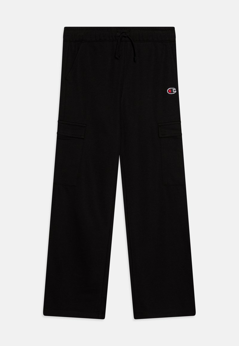 Zwarte cargo broek van zacht materiaal met een elastische tailleband, een trekkoord en twee zijzakken. Bevat geborduurd logo aan de linkerkant.