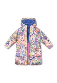 Gewatteerde jas met een bloemenpatroon in pastelkleuren, voorzien van een blauwe fleece-voering van de capuchon en binnenvoering, volledige ritssluiting aan de voorkant en lange mouwen.
