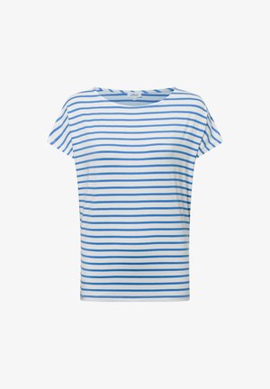 Prugeasta majica s širokim krojem, napravljena od mekanog pamuka. Ima horizontalne plave pruge na bijeloj podlozi i širok okrugli izrez.