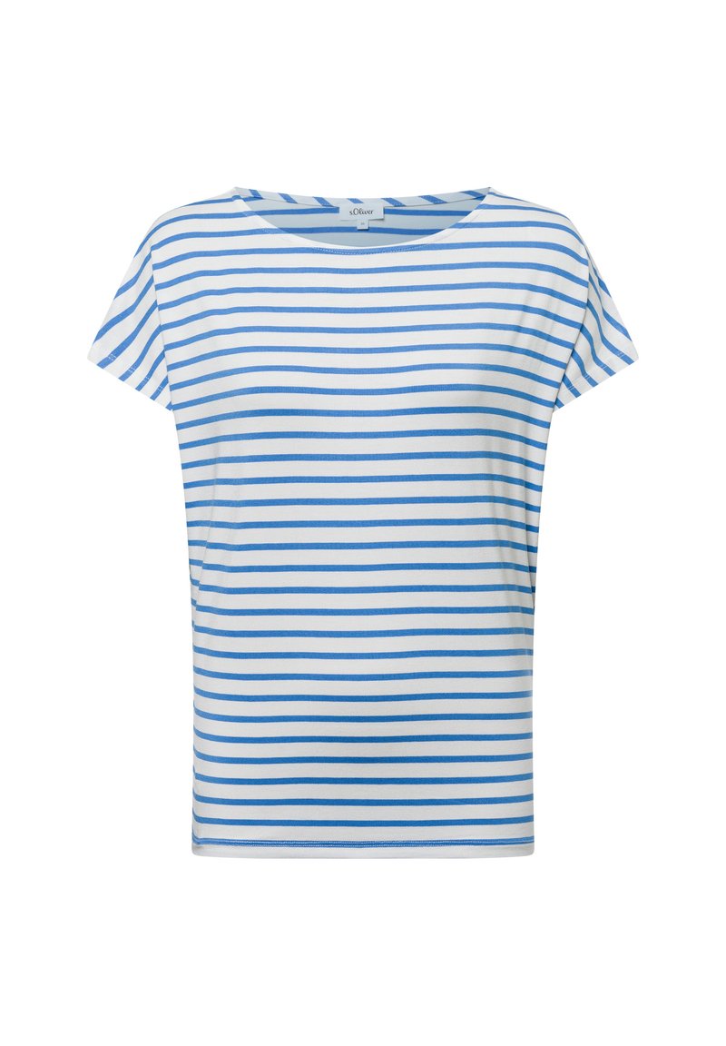 Dryžuotas T-shirt su laisvu modeli, pagamintas iš švelnios medvilnės. Yra horizontalūs mėlyni dryžiai ant balto fono ir platus apvalus iškirpimas.
