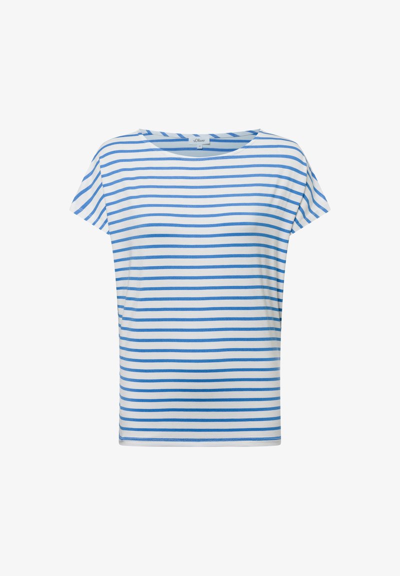 Dryžuotas T-shirt su laisvu modeli, pagamintas iš švelnios medvilnės. Yra horizontalūs mėlyni dryžiai ant balto fono ir platus apvalus iškirpimas.