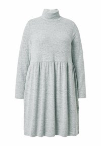 Robe grise à manches longues avec col roulé et taille froncée. Texture en tricot douce avec un motif chiné subtil. Coupe régulière.