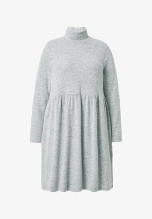 Abito grigio a maniche lunghe con collo alto e vita arricciata. Tessuto morbido a maglia con un delicato motivo melangiato. Vestibilità regolare.