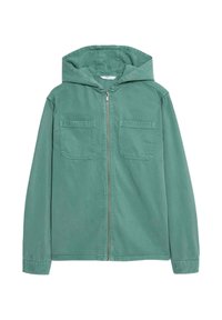Giacca verde con cappuccio realizzata in cotone. Caratterizzata da una zip frontale completa, due tasche sul petto e una vestibilità rilassata. Il tessuto ha una texture liscia.