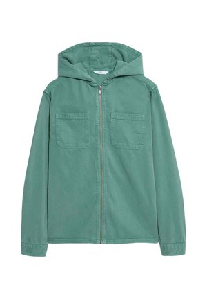 Veste à capuche verte en coton. Dotée d'une fermeture éclair sur le devant, de deux poches poitrine et d'une coupe décontractée. Le tissu a une texture lisse.