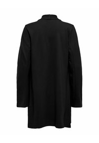 Cappotto nero a maniche lunghe con un piccolo colletto, visto da dietro, caratterizzato da un taglio dritto e senza chiusure o decorazioni visibili.
