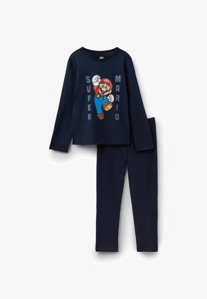 Granatowy komplet z długim rękawem i spodniami z grafiką Super Mario, przedstawiający Mario skaczącego oraz tekst „SUPER MARIO” na przedniej stronie koszulki.