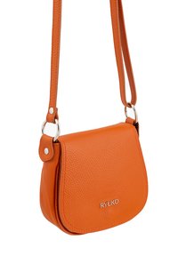 Orange leather crossbody bag with a textured finish, curved shape, silver hardware, and a visible brand logo on the front.