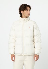 Chaqueta blanca acolchada con cuello alto, cremallera frontal y puños elásticos. Presenta un pequeño logo de la marca en el pecho y dos bolsillos laterales.
