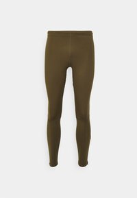 Přiléhavé legíny v olivově zelené barvě, vyrobené z hladkého, pružného materiálu. Mají bezešvý pas a zipy u kotníků pro snadné oblékání.
