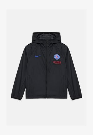 Veste noire zippée avec capuche, logo du Paris Saint-Germain, swoosh Nike bleu et texte sponsor Qatar Airways rouge sur le devant.