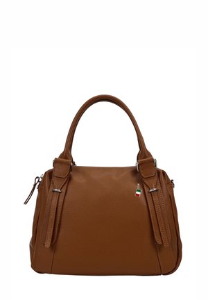 Brown textured leather handbag with double handles, side straps, zipper closure, and a small Italian flag charm.