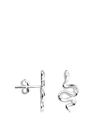 Sølvøreringe formet som slanger med klare accenter, glat overflade og post-back design. Udsmykket med funkende detaljer.