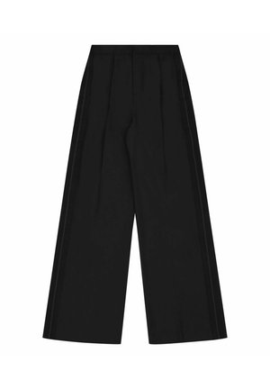 Czarne spodnie o szerokich nogawkach z wysokim stanem i subtelnymi bocznymi paskami, ułożone płasko na białym tle.