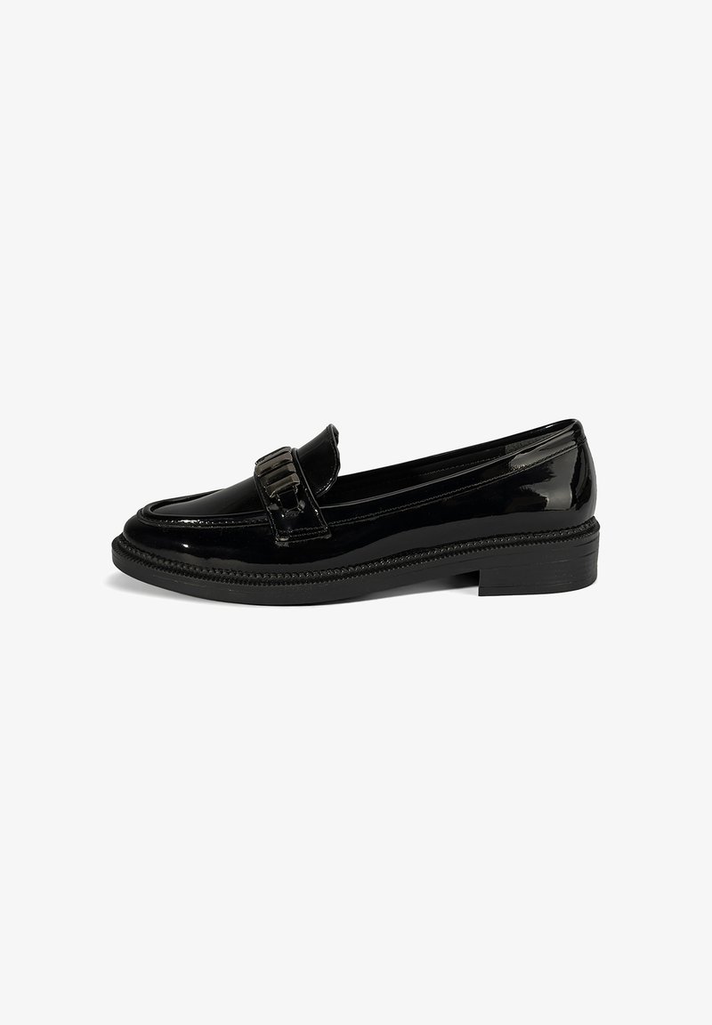 Black patent leather loafer with low heel, rounded toe, and decorative strap across the top, shown from side on white background.