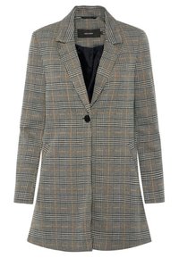 Jednopř-buttonový dlouhý sak s károvaným vzorem v černé, bílé a hnědé barvě a černou podšívkou.