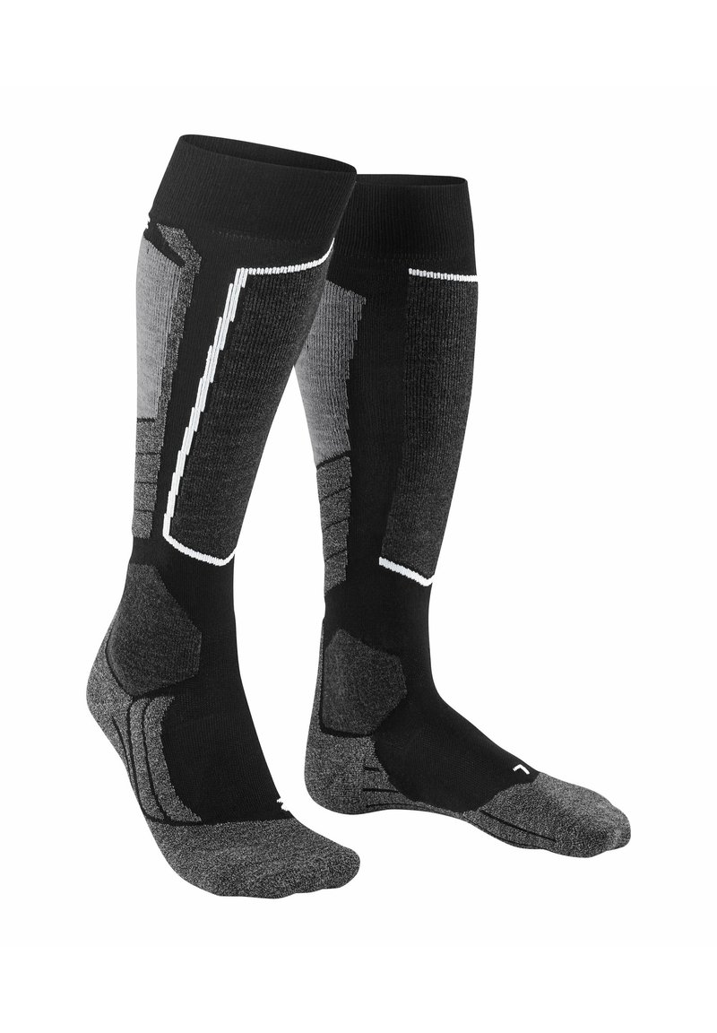 Calze fino al ginocchio in nero e grigio. Presentano texture varie, talloni e punte rinforzati, e accenti bianchi a contrasto con un motivo geometrico.