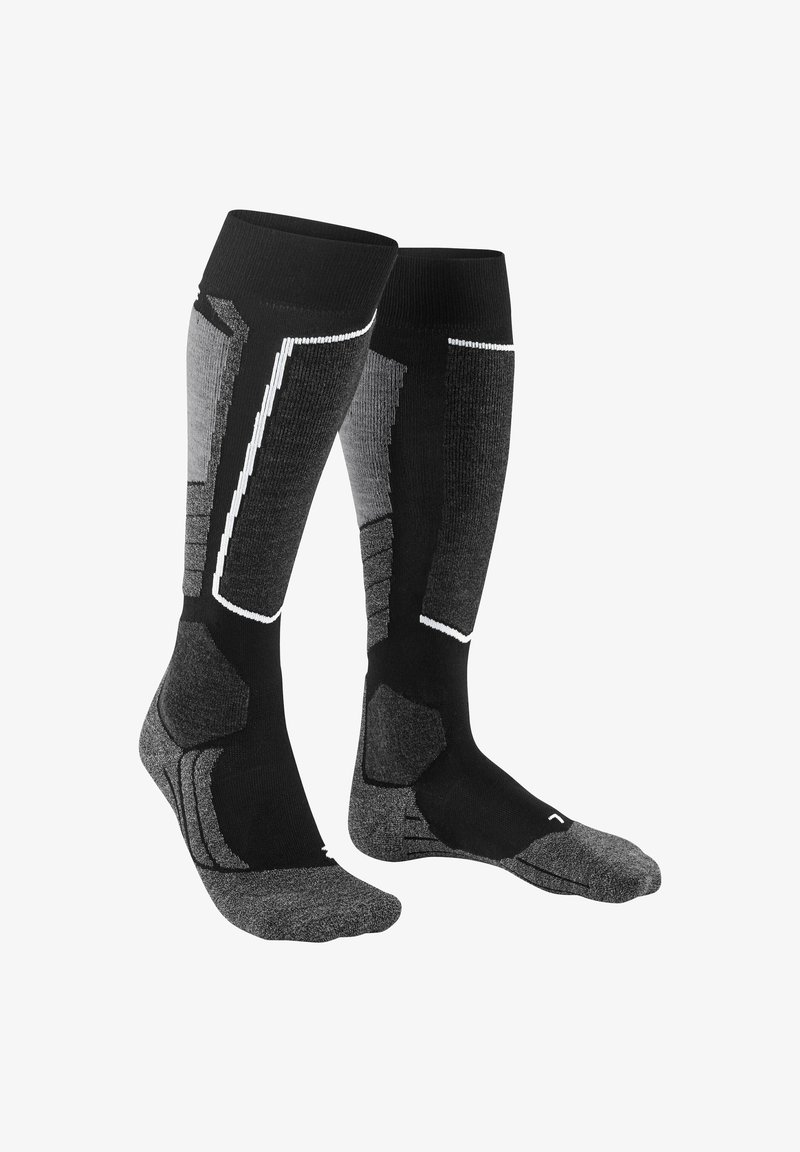 Calze fino al ginocchio in nero e grigio. Presentano texture varie, talloni e punte rinforzati, e accenti bianchi a contrasto con un motivo geometrico.