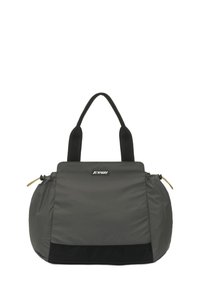 Sac fourre-tout en nylon gris avec deux poignées noires, un écusson logo à l'avant et un panneau inférieur noir. Dispose d'une fermeture éclair avec un tirette dorée.