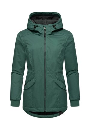 Veste imperméable vert foncé avec capuche, fermeture éclair avant, deux poches latérales en biais et poignets côtelés. Texture lisse et design décontracté.