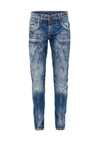 Fletse blauwe denim jeans met een slim fit, voorzien van decoratieve stiksels, meerdere zakken en logo-detailing aan de voorkant.