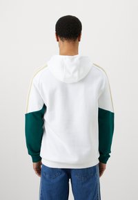 Φούτερ με κουκούλα που διαθέτει άσπρο σώμα, πράσινες υφασμάτινες μανίκες και μπεζ λεπτομέρειες στους ώμους. Μαλακό ύφασμα, χαλαρή εφαρμογή.