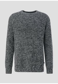 Donkergrijze gebreide trui met een textuurpatroon, ronde halslijn en lange mouwen. Kenmerkend zijn de ribgebreide manchetten en onderrand.