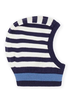 Passamontagna lavorato a maglia con strisce orizzontali blu navy e bianche e bordo a coste azzurro chiaro sul fondo.
