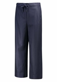 Pantaloni a gamba larga blu navy con una texture liscia, vita elastica e dettaglio con coulisse. Presentano una vestibilità comoda e un design alla caviglia.