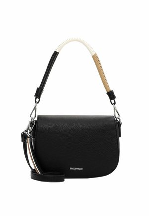 Black leather crossbody bag with curved flap, tri-color handle in black, white, and tan, and silver hardware clasps.