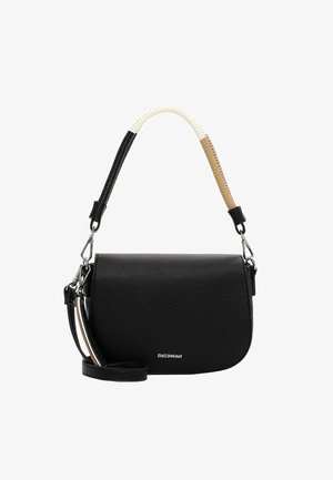 Schwarze Leder-Umhängetasche mit geschwungener Klappe, dreifarbigen Griffen in Schwarz, Weiß und Beige sowie silbernen Beschlägen.