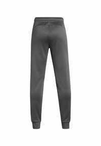 Pantalons de sport gris avec une texture lisse, une taille élastique et des poignets ajustés aux chevilles. Pas de poches ni de logos visibles.