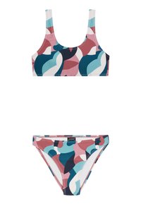 Ensemble de bikini deux pièces avec un motif géométrique multicolore dans des nuances de rose, bleu et marine. Conçu en tissu lisse et extensible.
