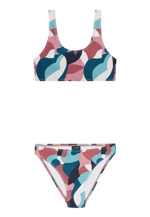Twee-delige bikini set met een meerkleurig geometrisch patroon in tinten van roze, blauw en marineblauw. Gemaakt van een gladde, rekbare stof.