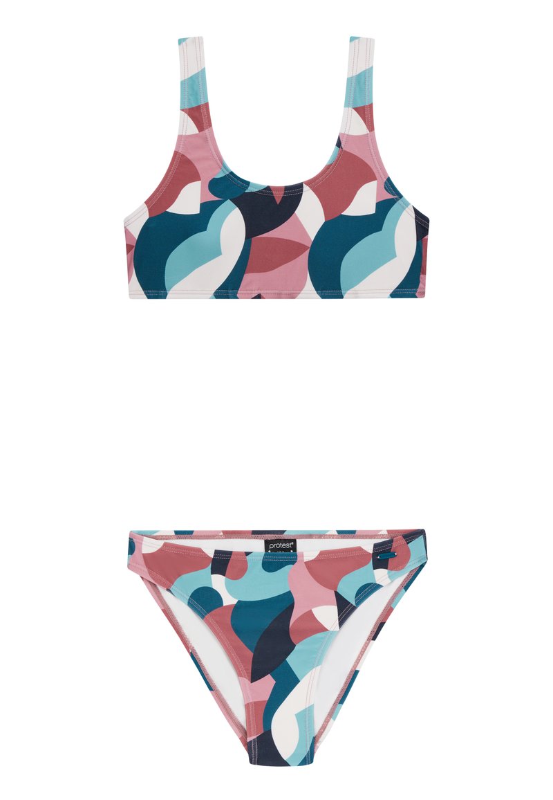 Ensemble de bikini deux pièces avec un motif géométrique multicolore dans des nuances de rose, bleu et marine. Conçu en tissu lisse et extensible.