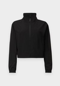Zwarte cropped jacket met een staande kraag, voorzijde met rits, lange mouwen, elastische manchetten en een gladde, matte textuur.