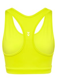 Jasnożółty stanik sportowy z designem w stylu racerback, gładką teksturą i białymi akcentami. Posiada szerokie ramiączka oraz dopasowany krój.
